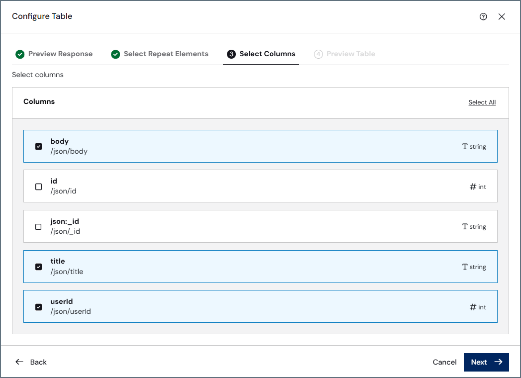 Select columns