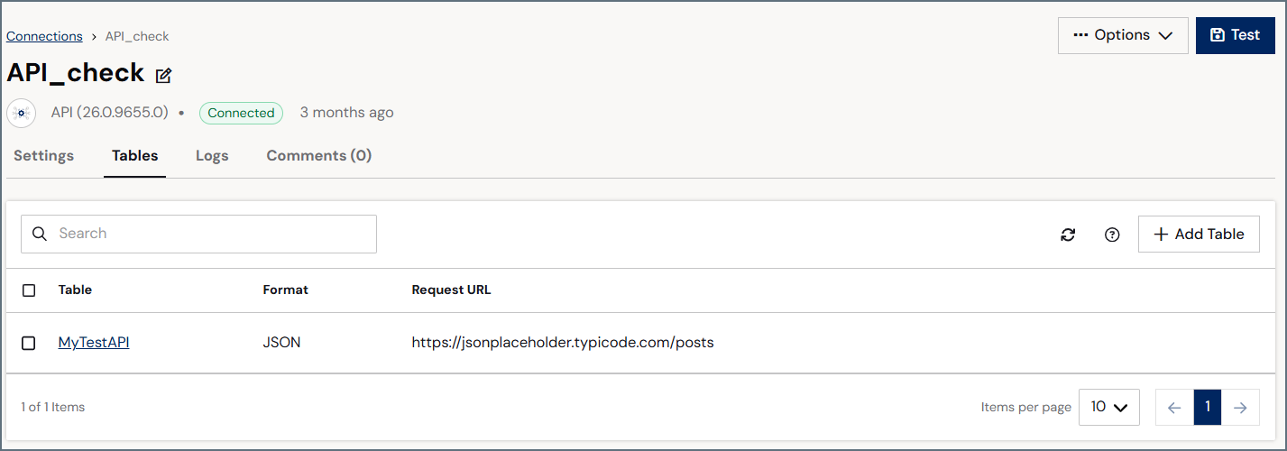 Table on API connector page