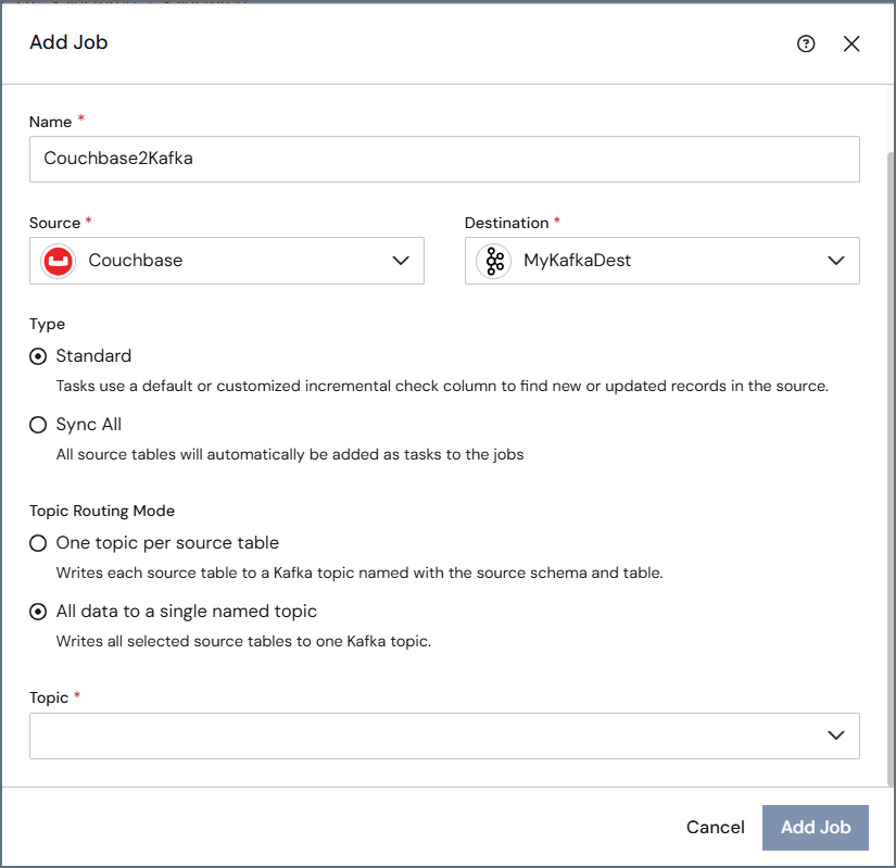 Add Job dialog showing the Topic field for a single named topic
