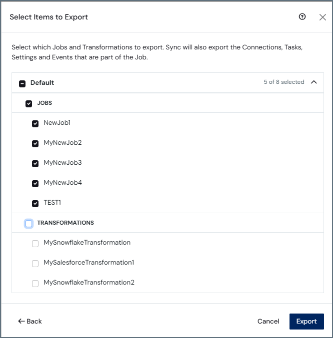 Select Items to Export dialog box