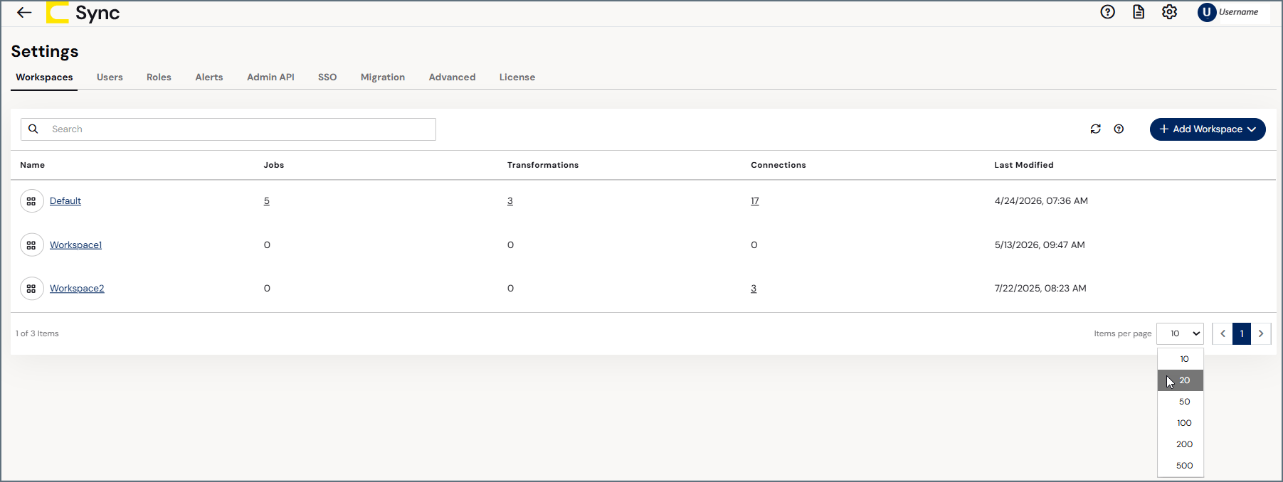 Workspaces table on the Settings page