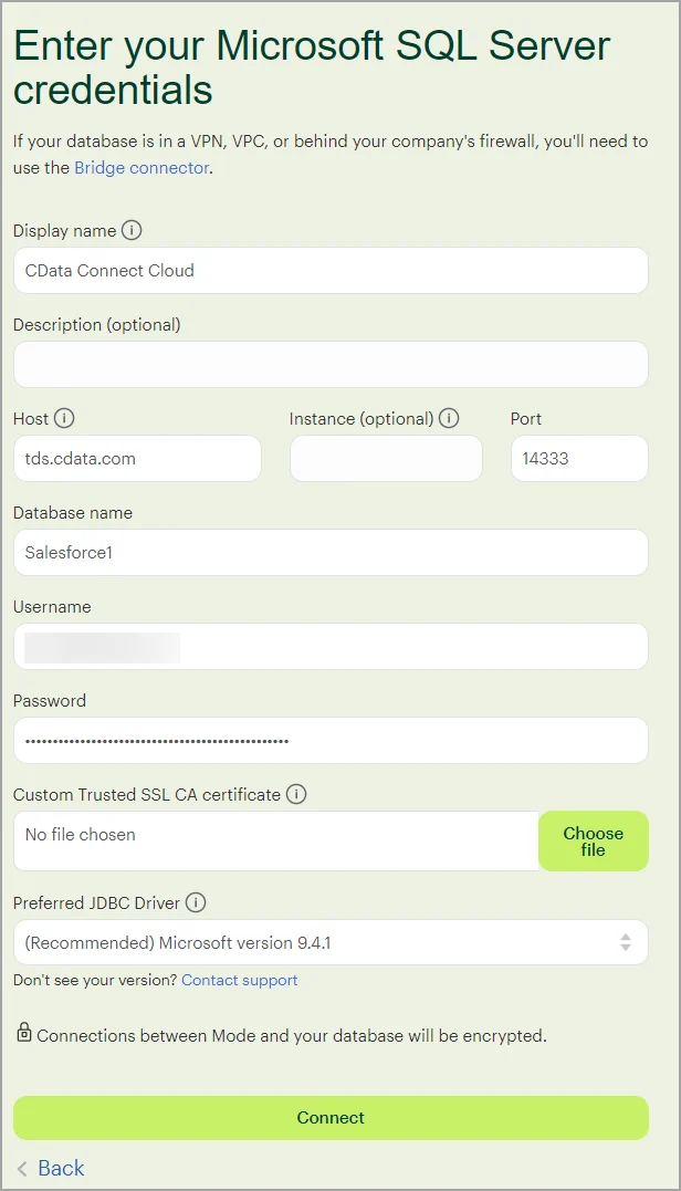 Mode client connection credentials