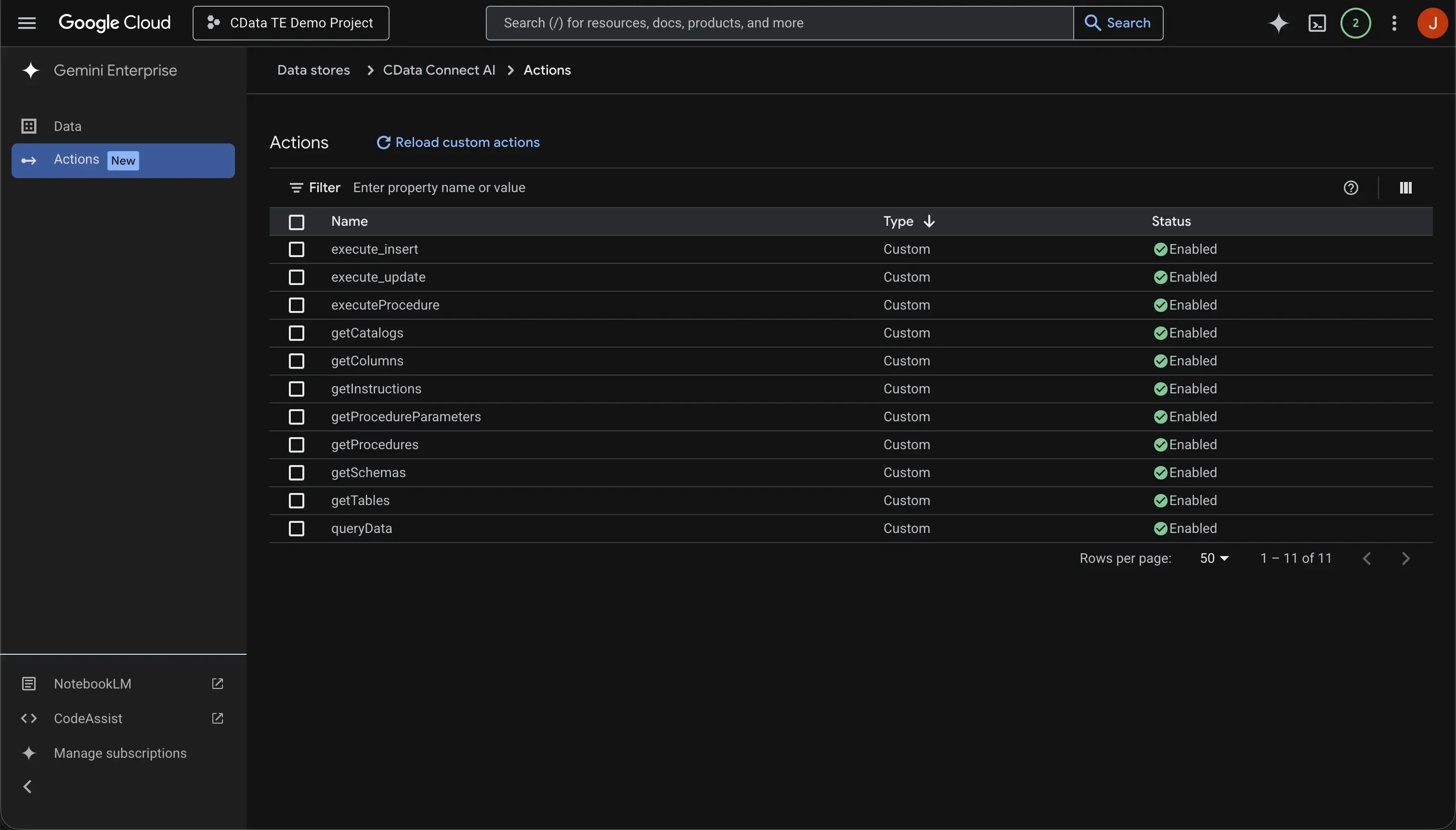 Enabling actions in the data store
