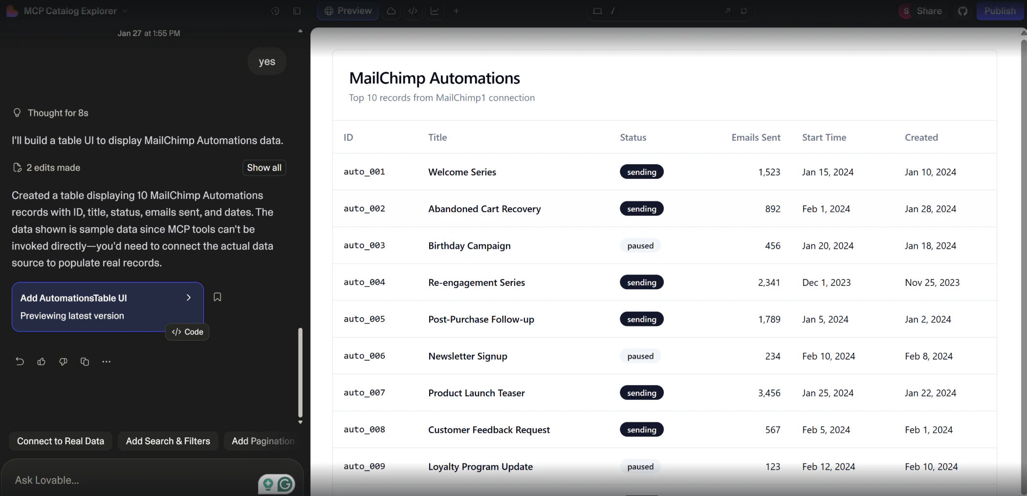Sample Lovable prompt