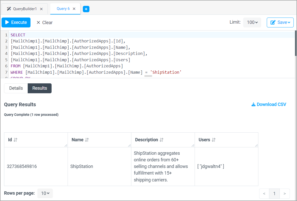 Query builder execute