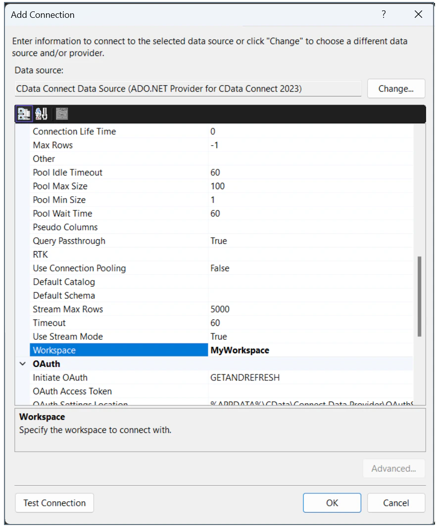 ADO.NET Specify Workspace