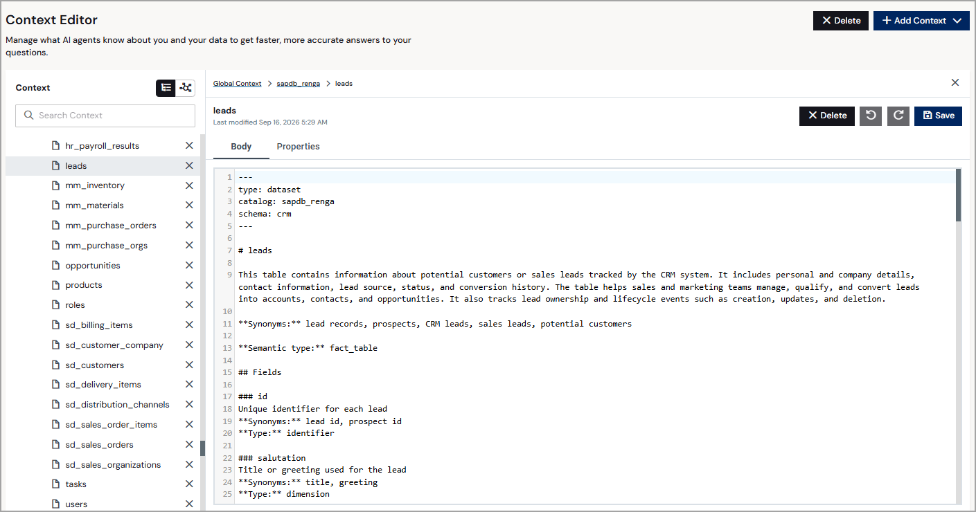 Context details panel for a selected entity