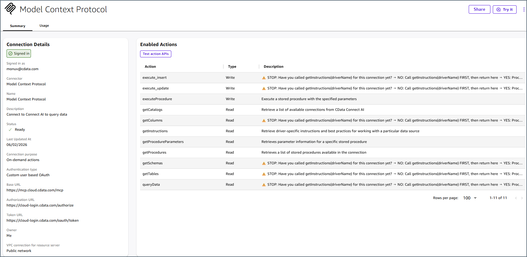 Enabled actions
