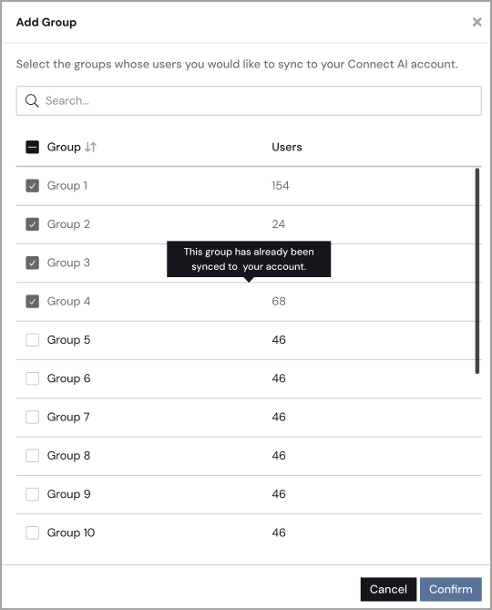 Add Group dialog listing the SCIM groups available to sync