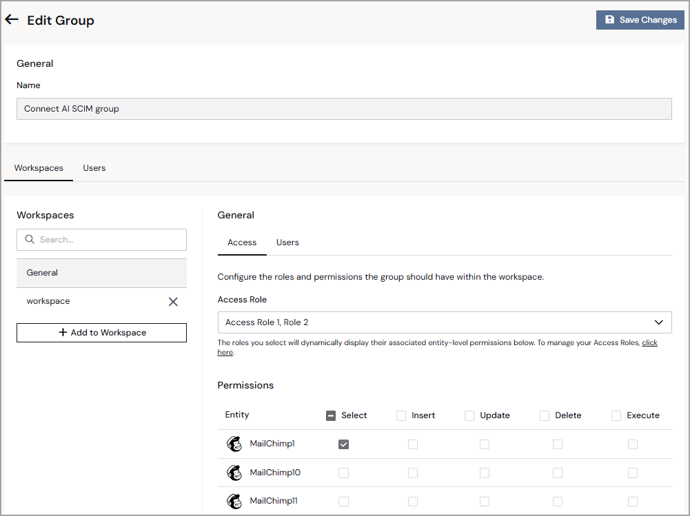 Edit Group page showing the group name, Workspaces tab, access roles, and permissions