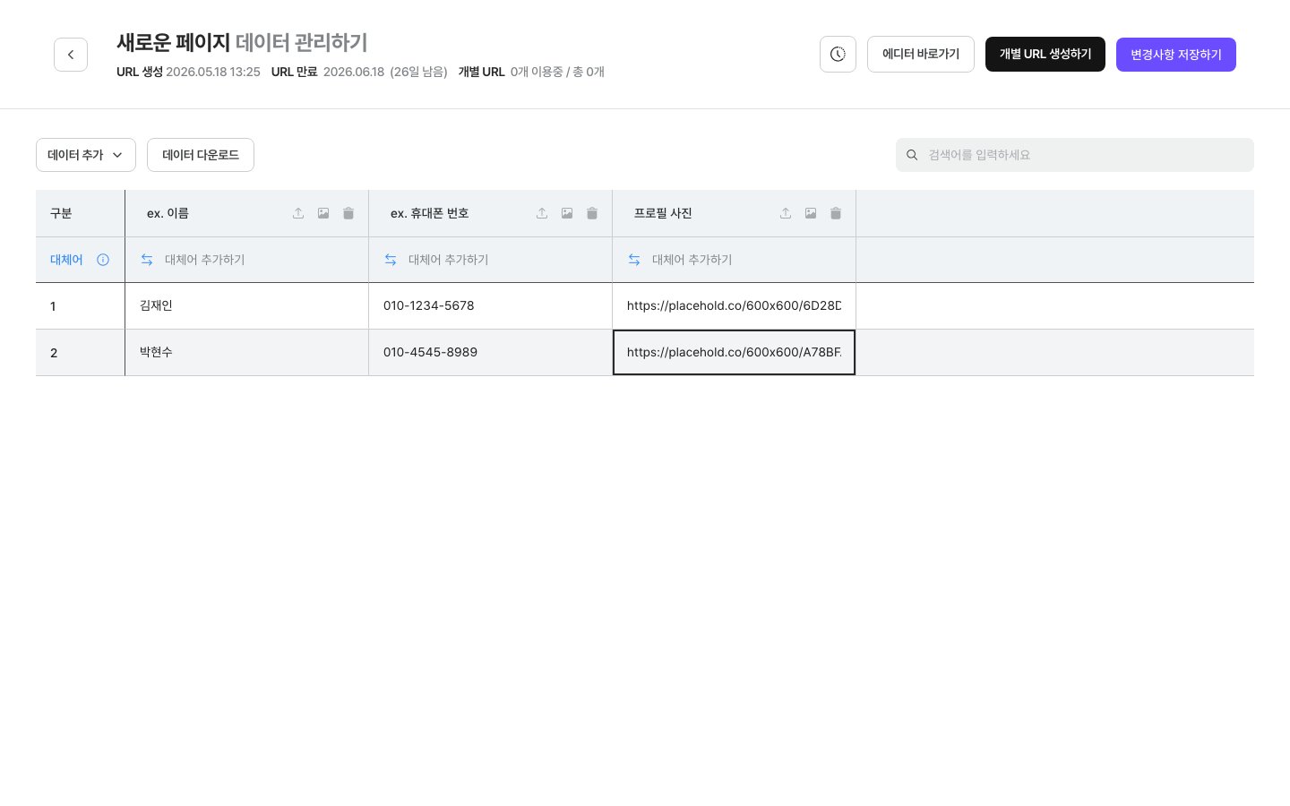 데이터 칸에 이미지 URL을 입력한 표