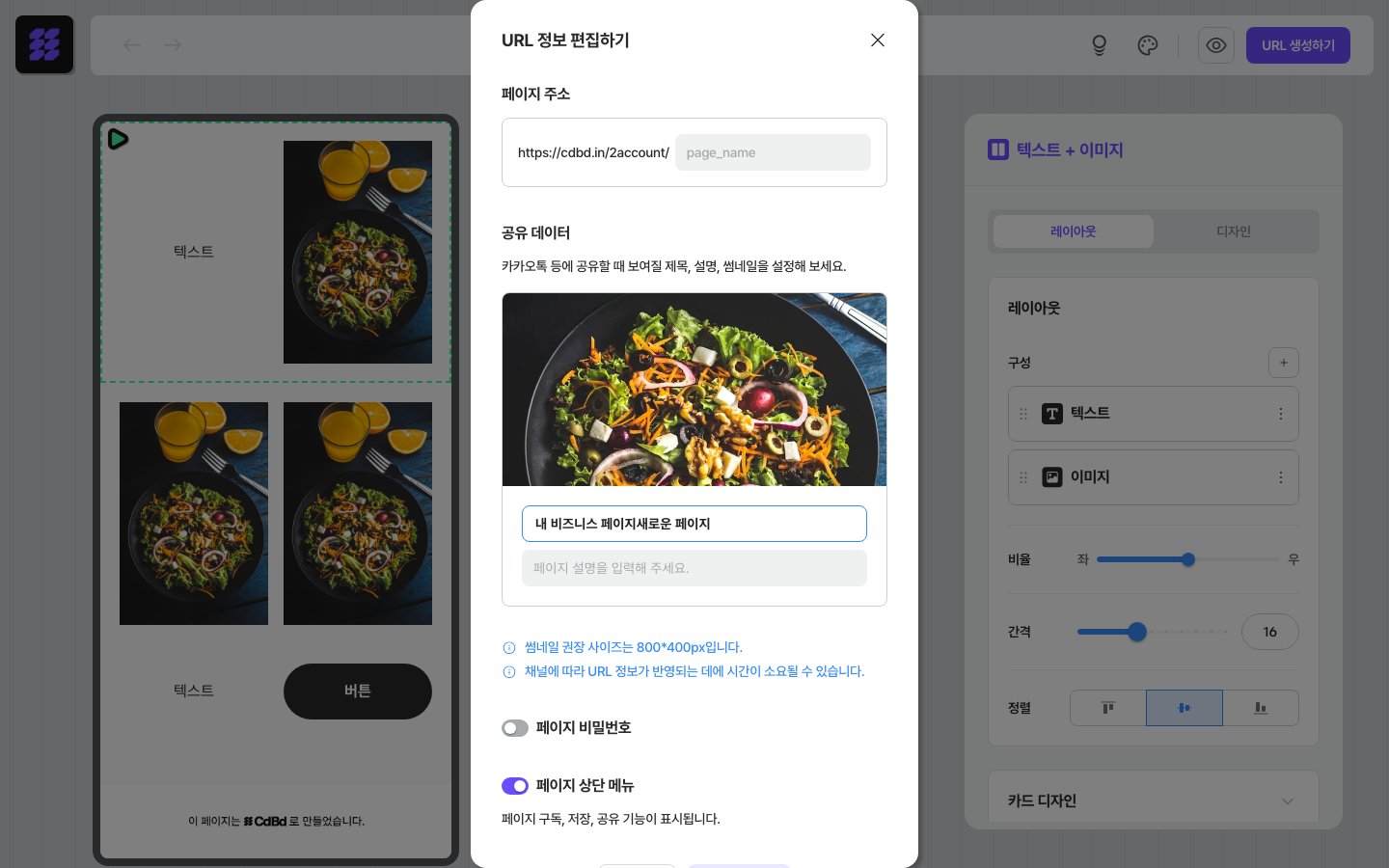 URL 정보 편집 화면 — 썸네일, 제목, 설명 및 페이지 옵션 설정