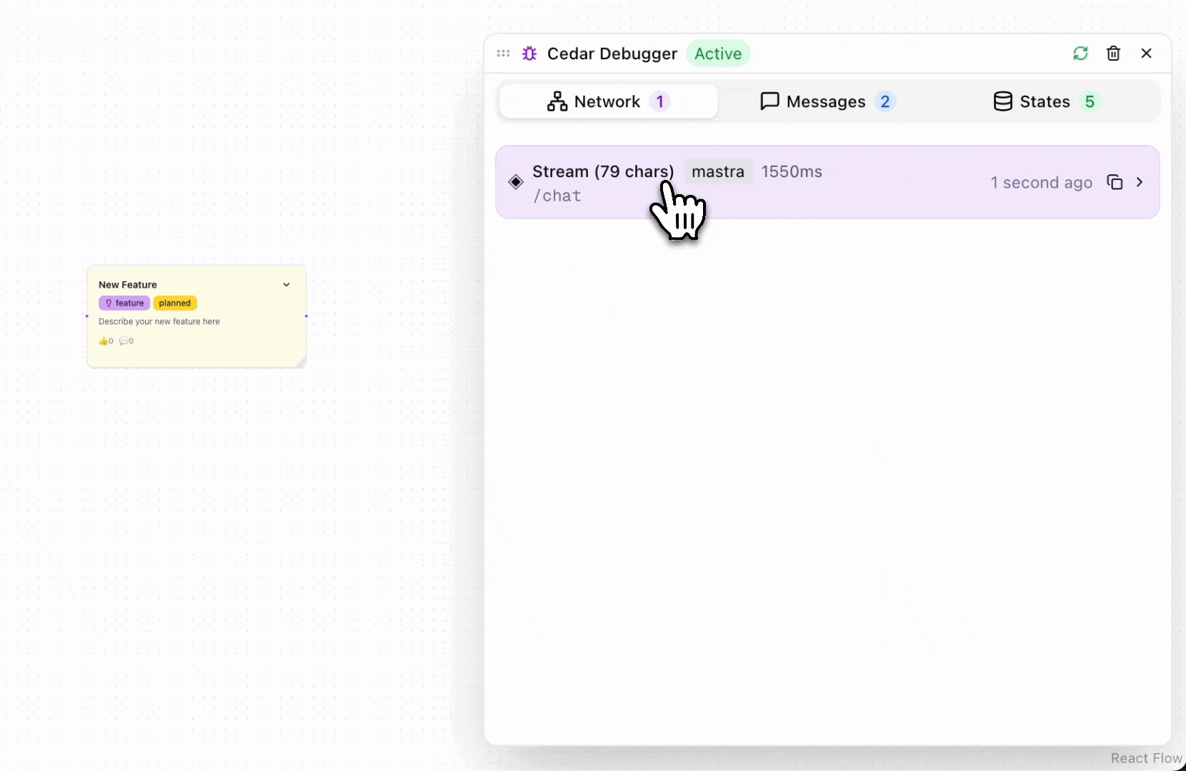 Animation showing the Cedar OS debugger panel with collapsible floating button, draggable interface, and tabs for network monitoring, message tracking, and state inspection