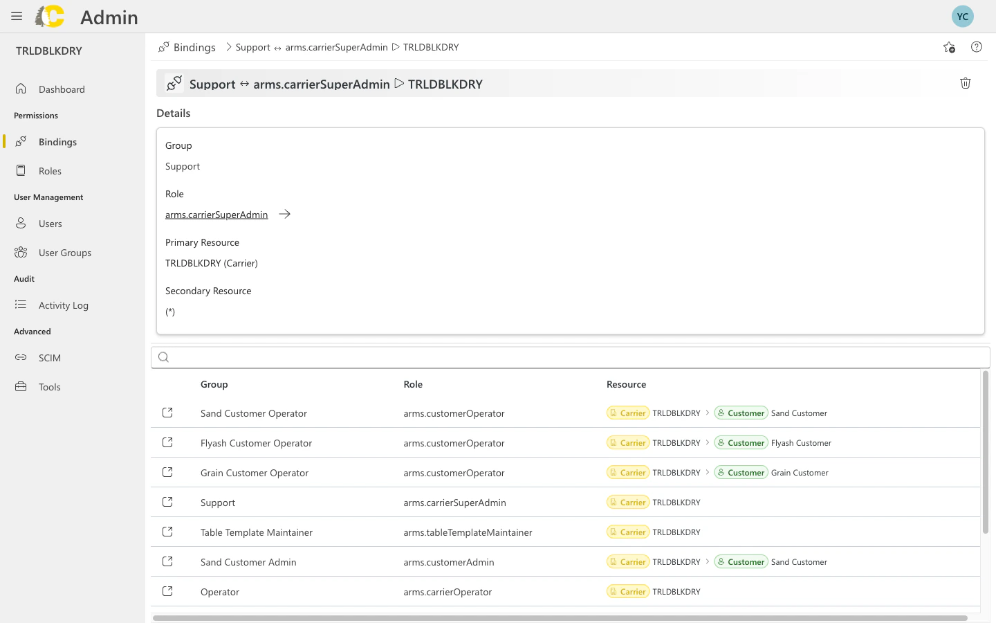 Binding details panel