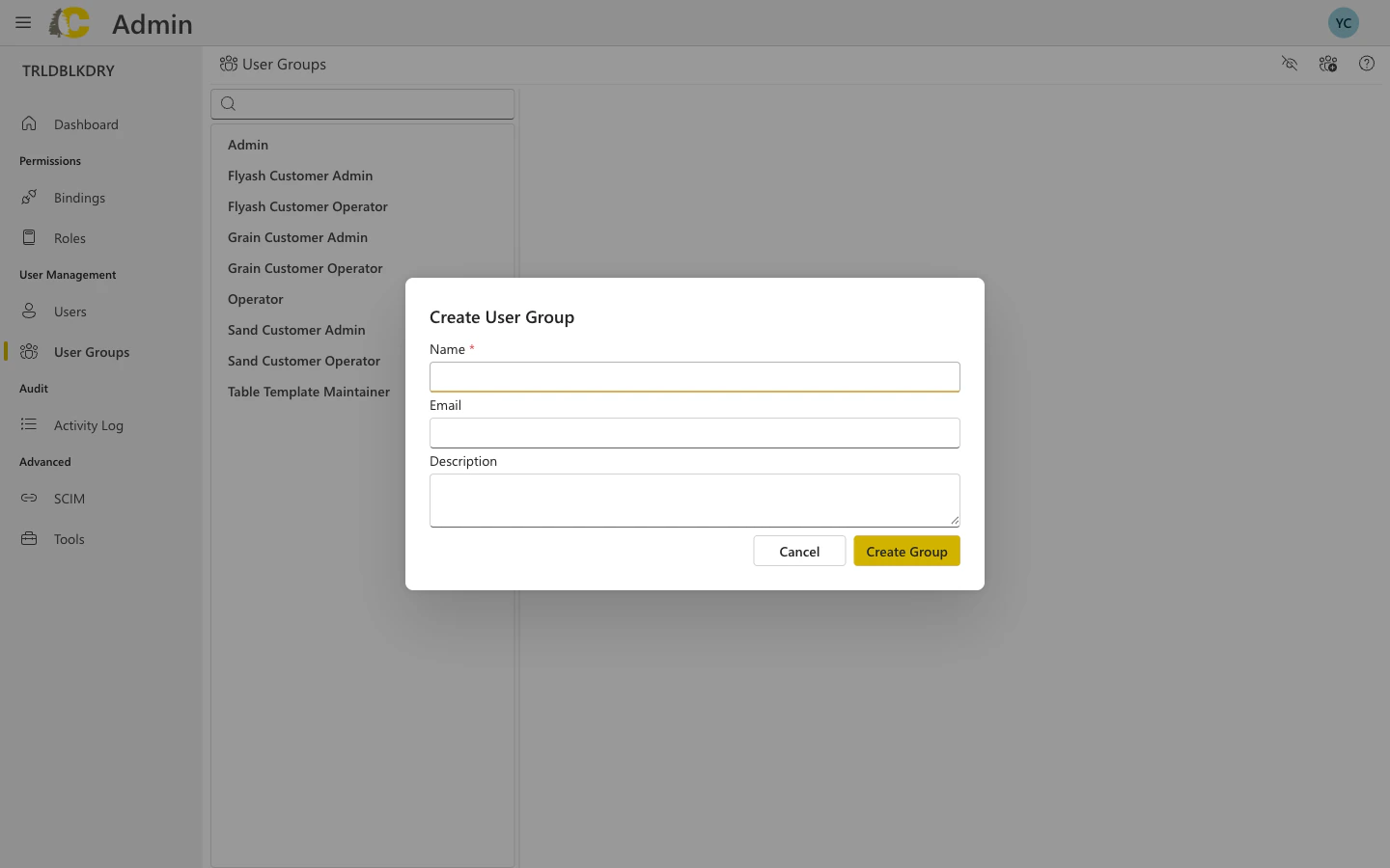 Create User Group dialog with name, email, and description fields