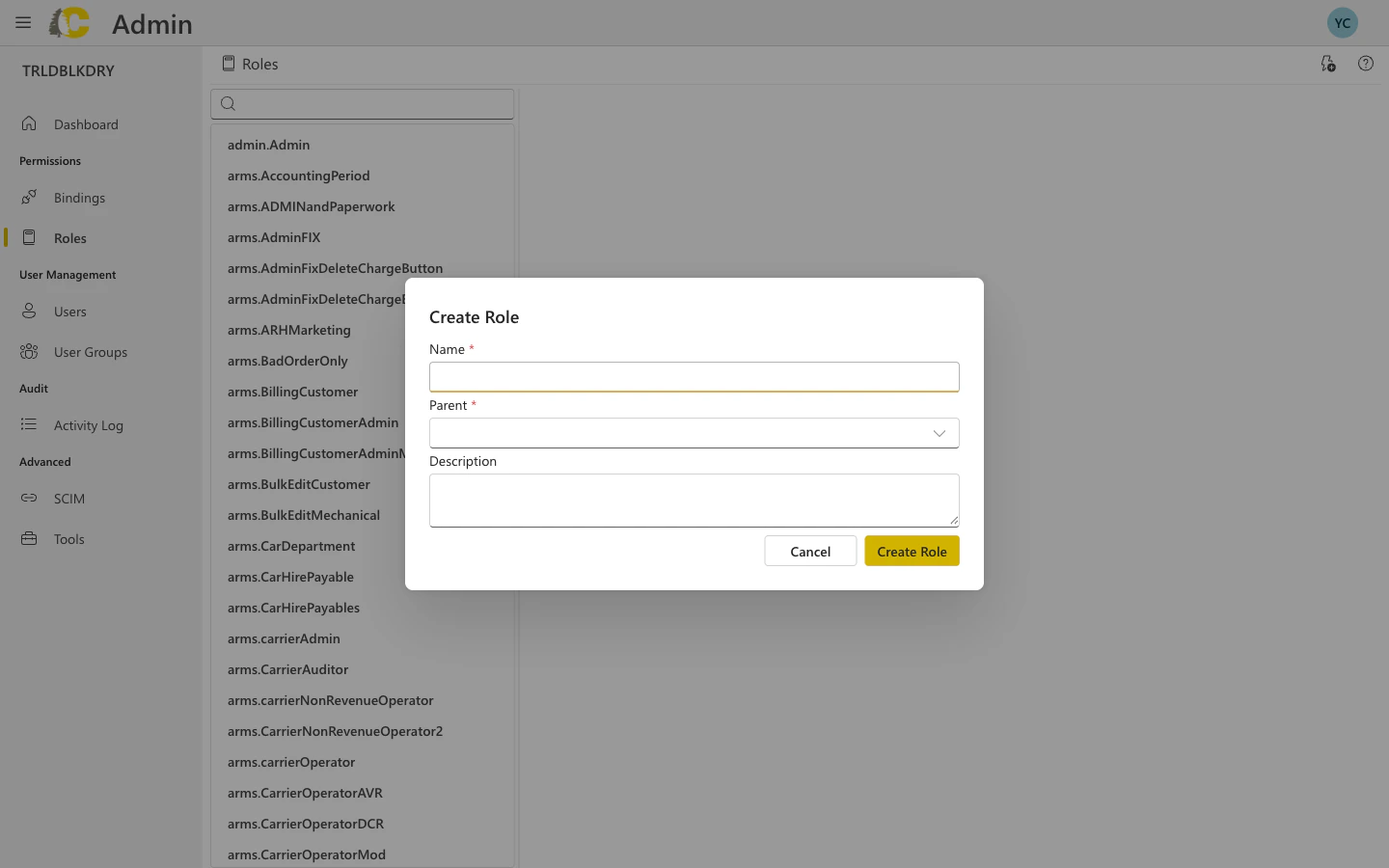 Create Role dialog with name, parent, and description fields