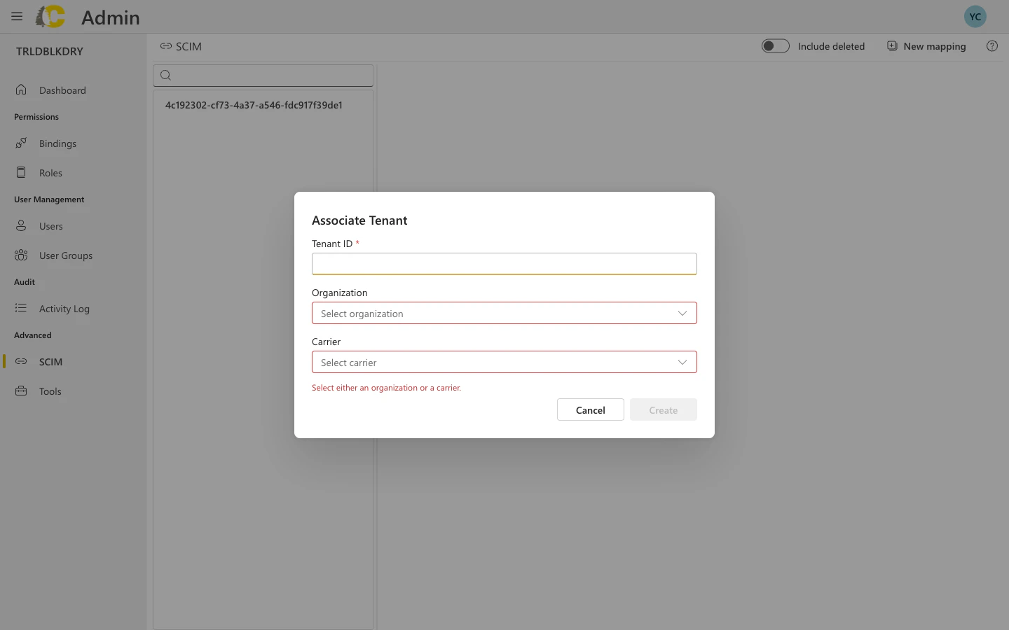 Associate Tenant dialog with tenant ID and organization/carrier selection