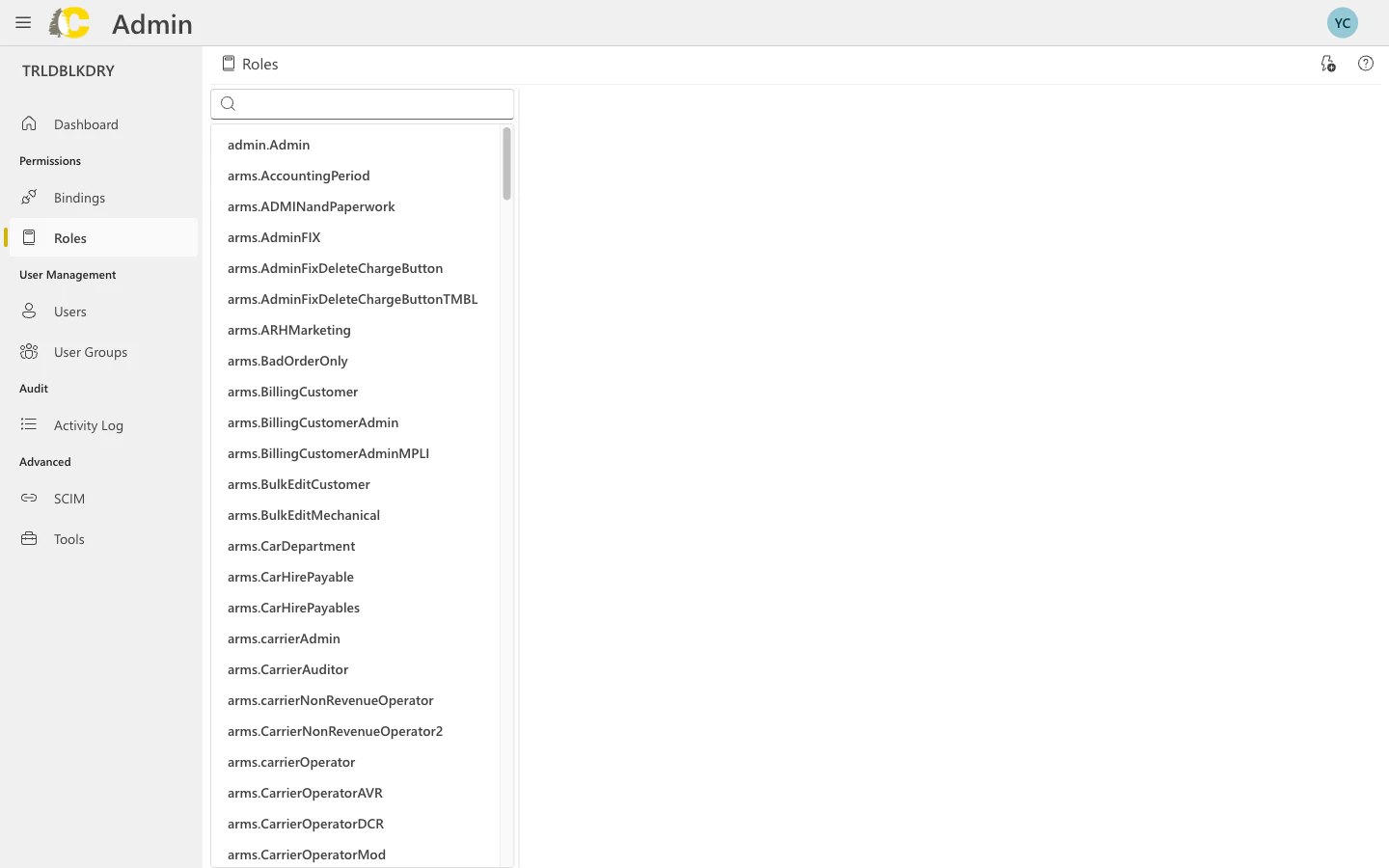 Roles list with search and permissions