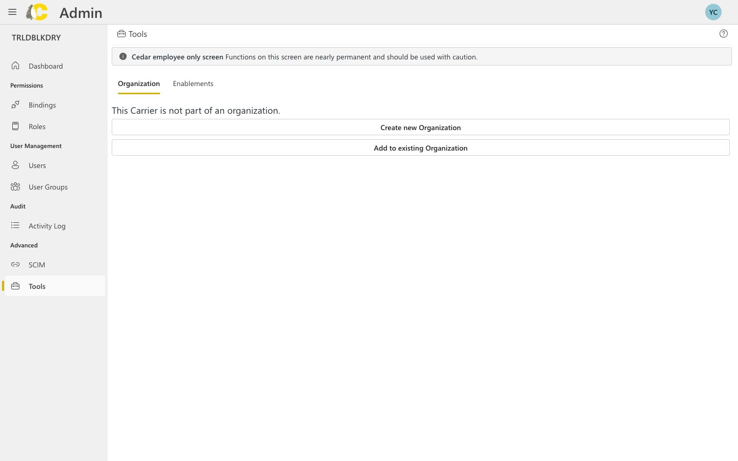 Tools page with organization and enablements tabs