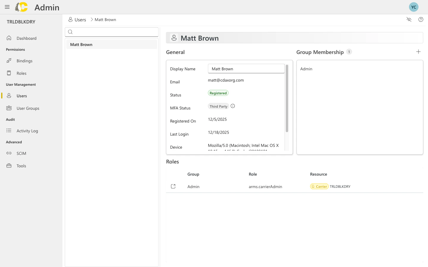 User details panel