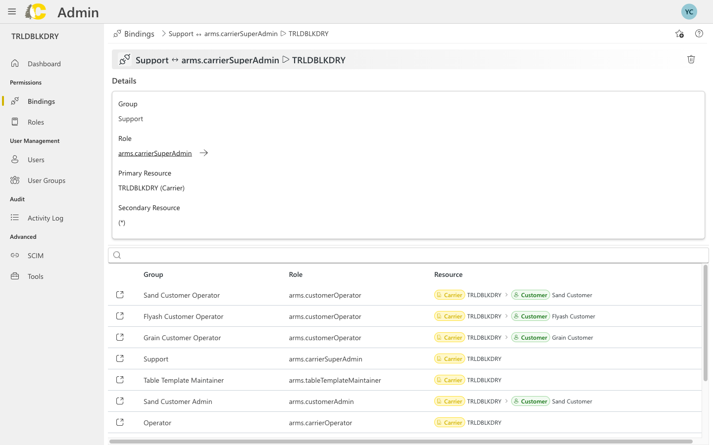 Binding details panel