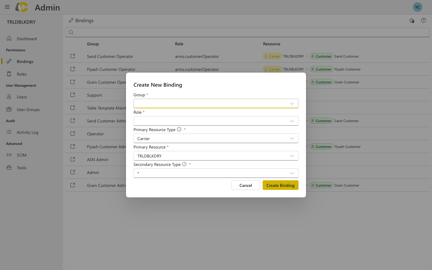 Create New Binding dialog with group, role, and resource fields