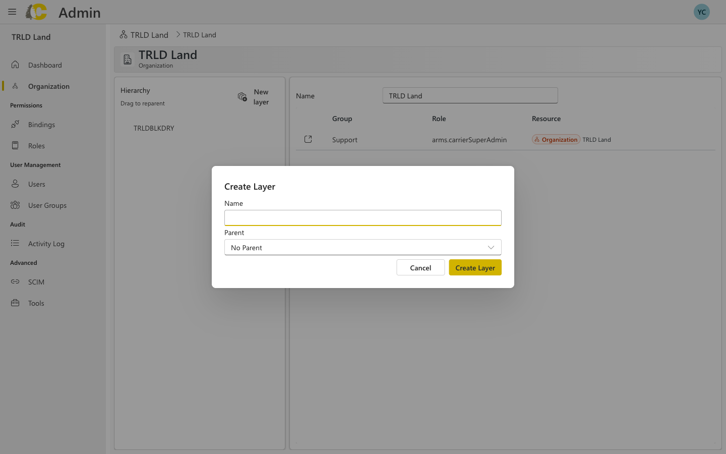 Create Layer dialog with name and parent selection