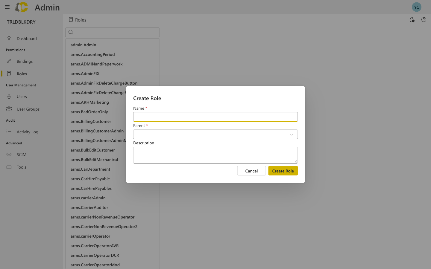 Create Role dialog with name, parent, and description fields