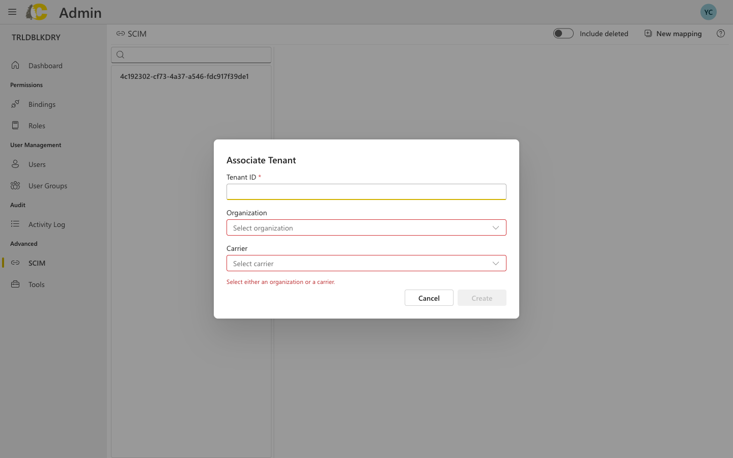 Associate Tenant dialog with tenant ID and organization/carrier selection