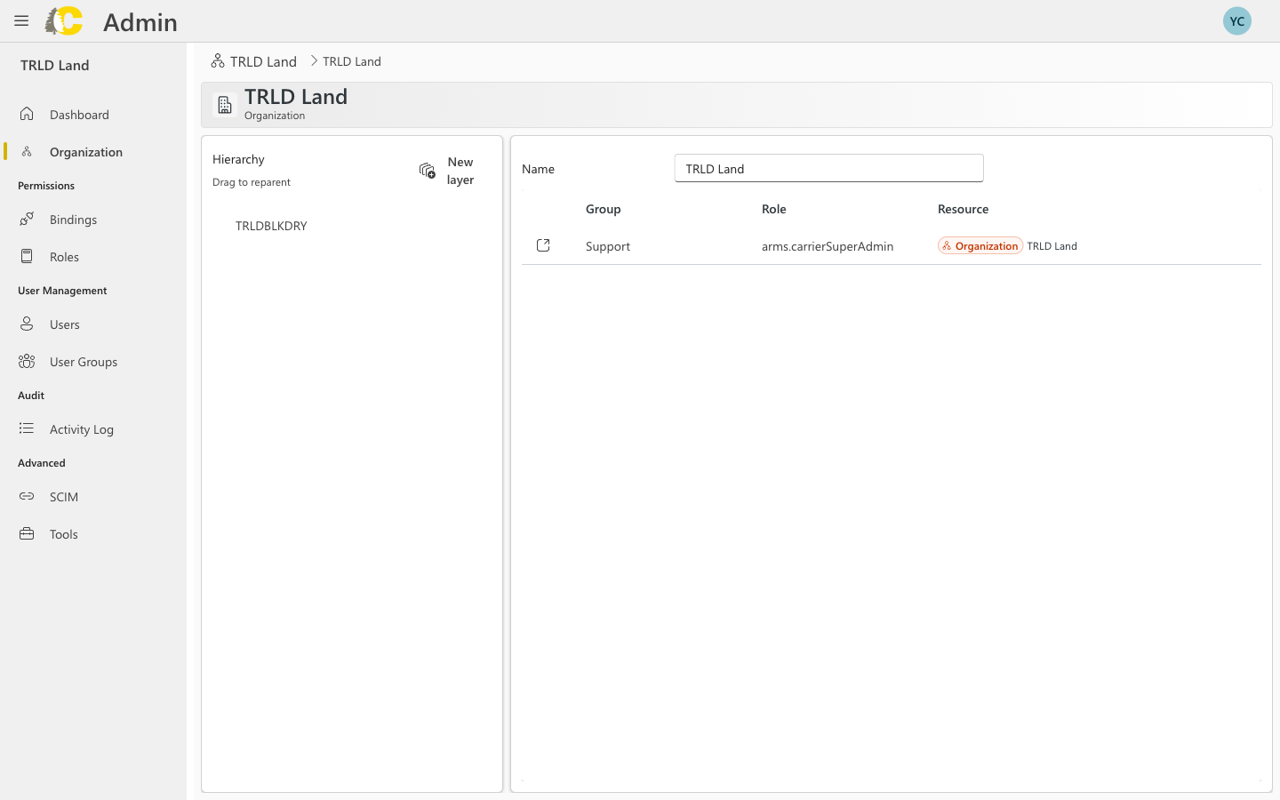 Organization page showing hierarchy tree and role bindings