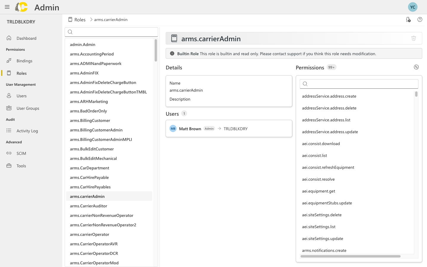 Role details panel with permissions
