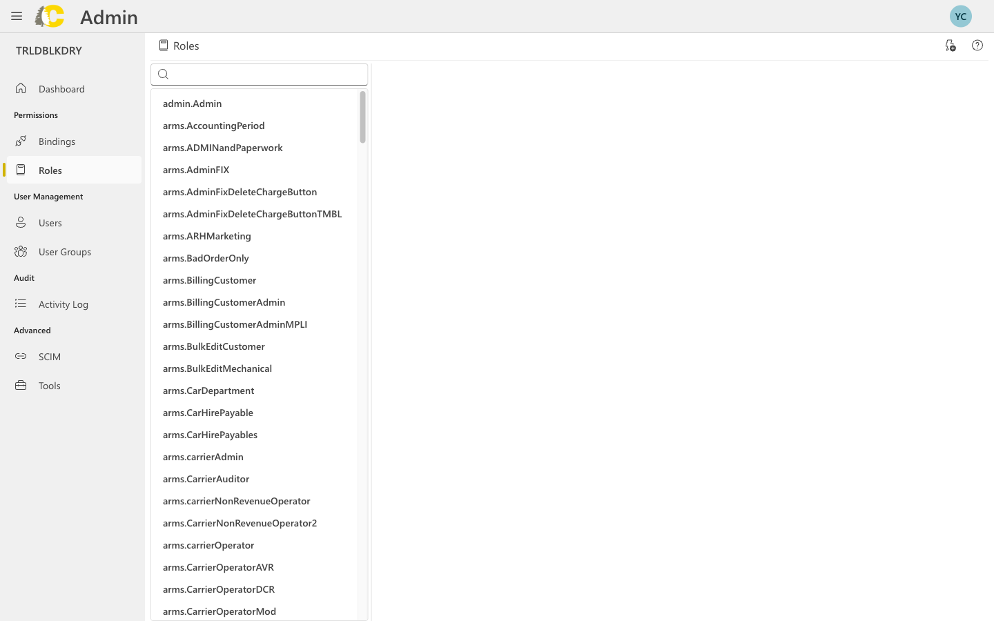 Roles list with search and permissions