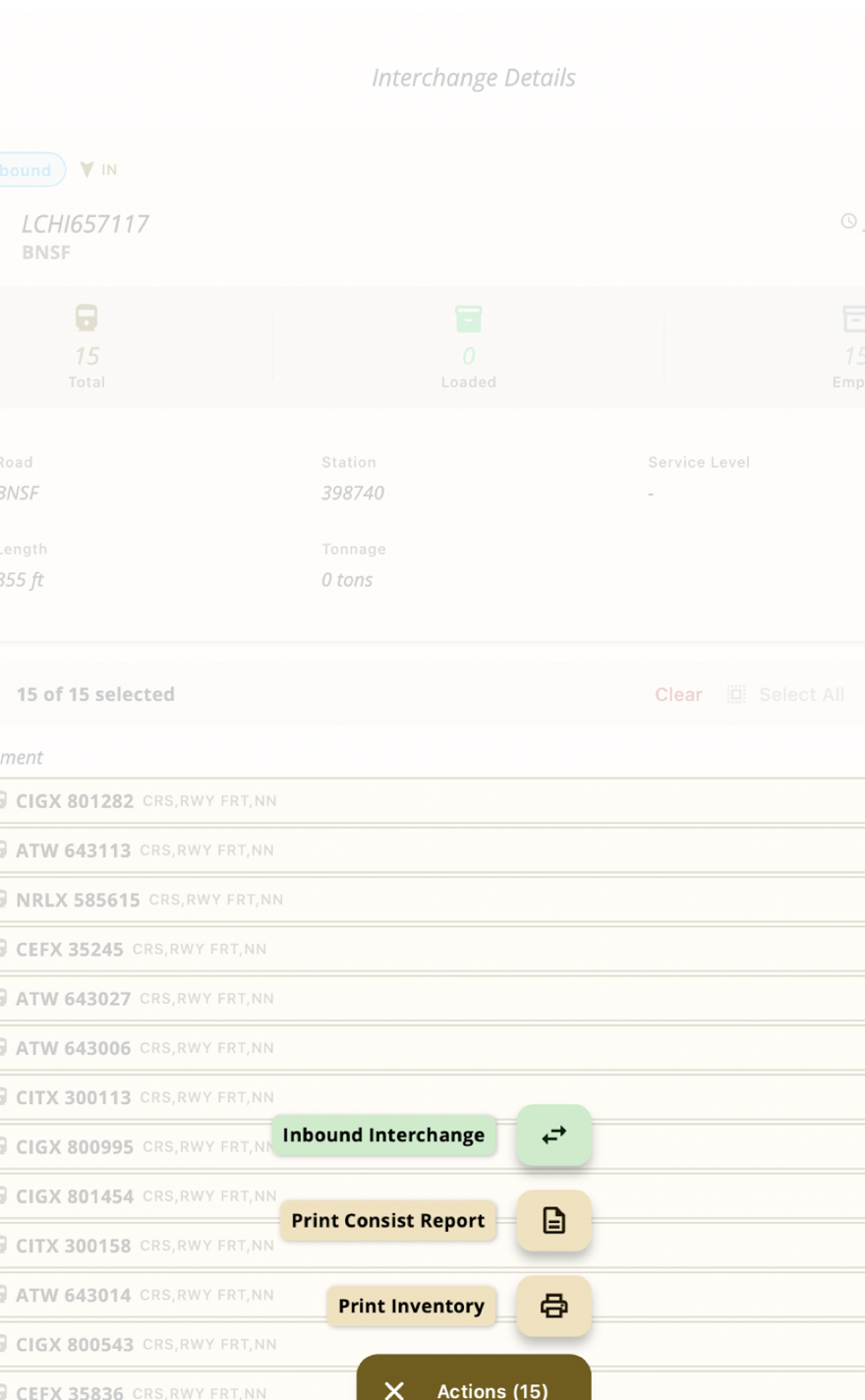 Actions menu showing Inbound Interchange, Print Consist Report, and Print Inventory