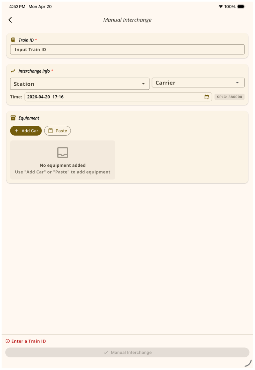 Empty Manual Interchange form with Add Car and Paste