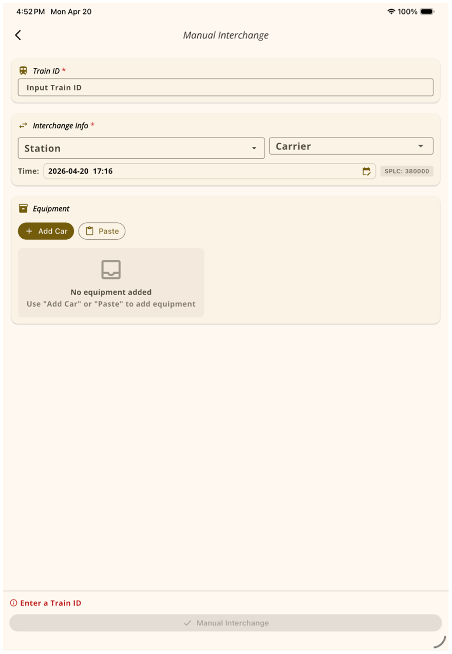 Empty Manual Interchange form with Add Car and Paste