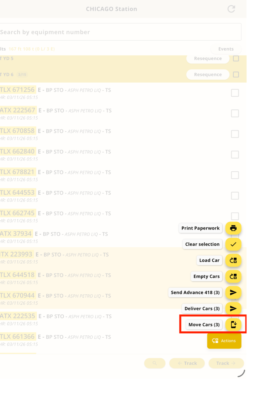 Actions menu open with Move Cars highlighted