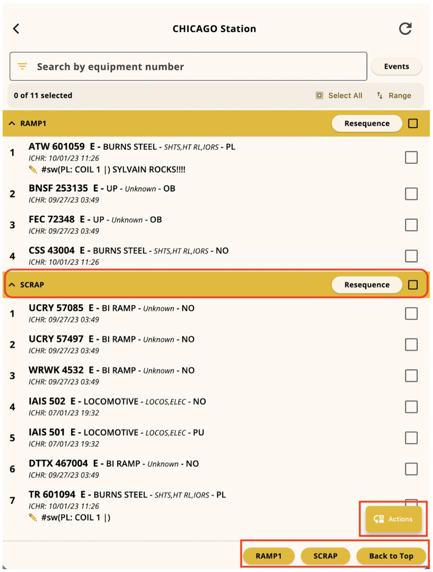 Station inventory grouped by track with Actions and track jump buttons