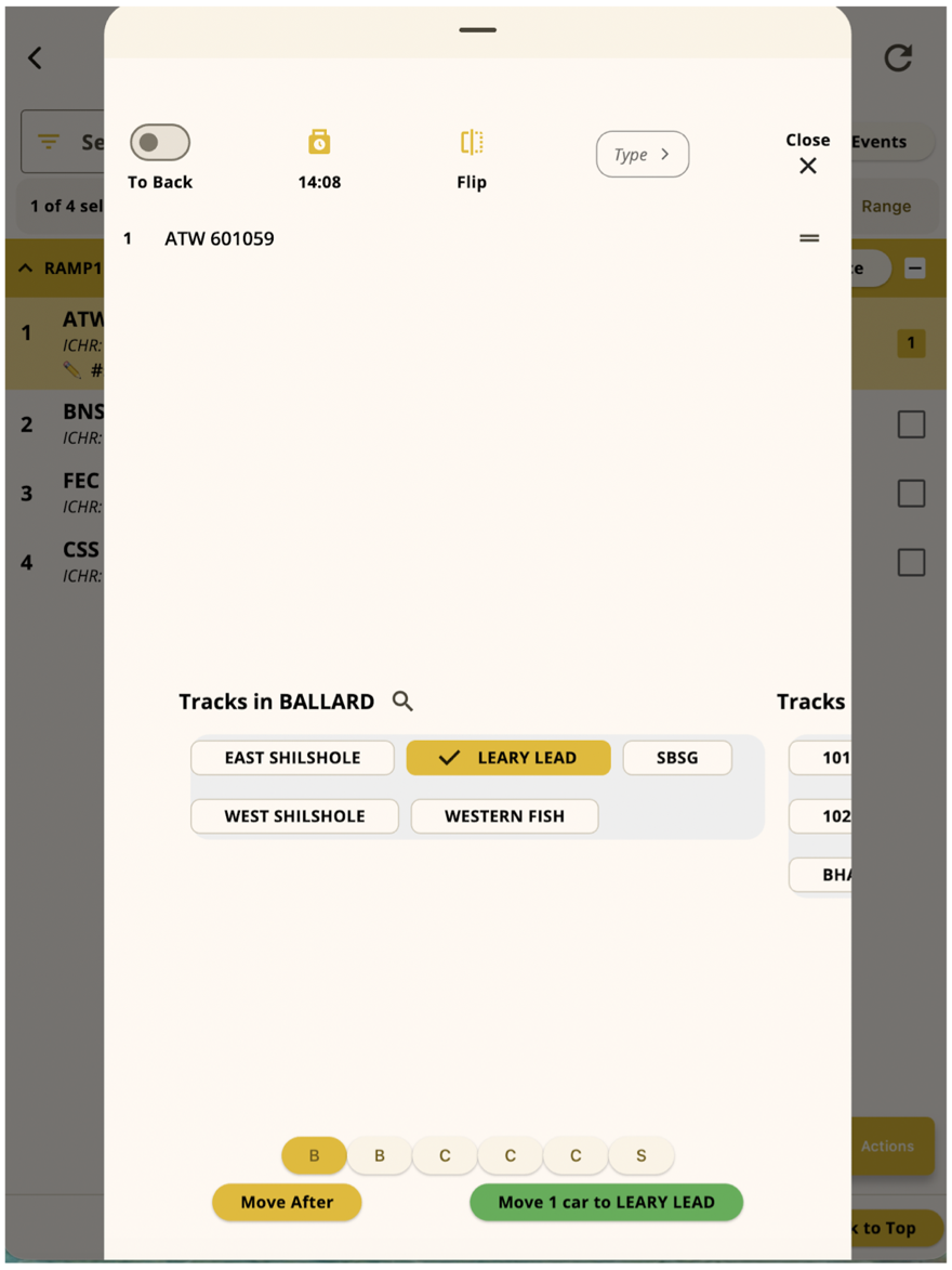 Move Cars dialog with Leary Lead selected and a green confirm button