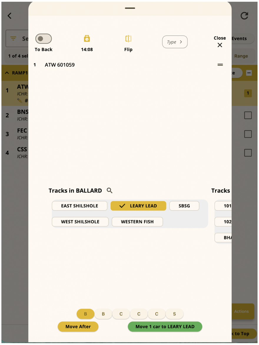 Move Cars dialog with Leary Lead selected and a green confirm button