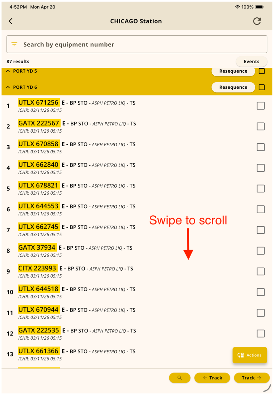 Long car list with a swipe-to-scroll callout and track jump buttons
