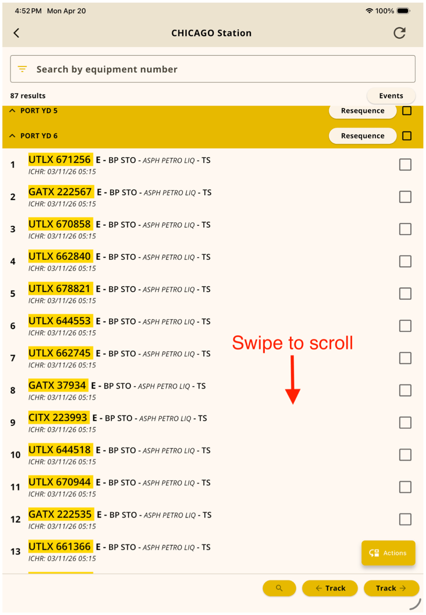 Long car list with a swipe-to-scroll callout and track jump buttons
