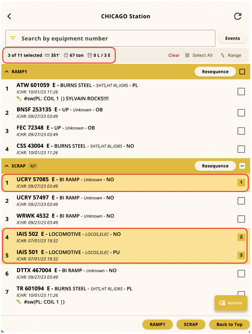 Selected cars highlighted with selection order 1, 2, and 3