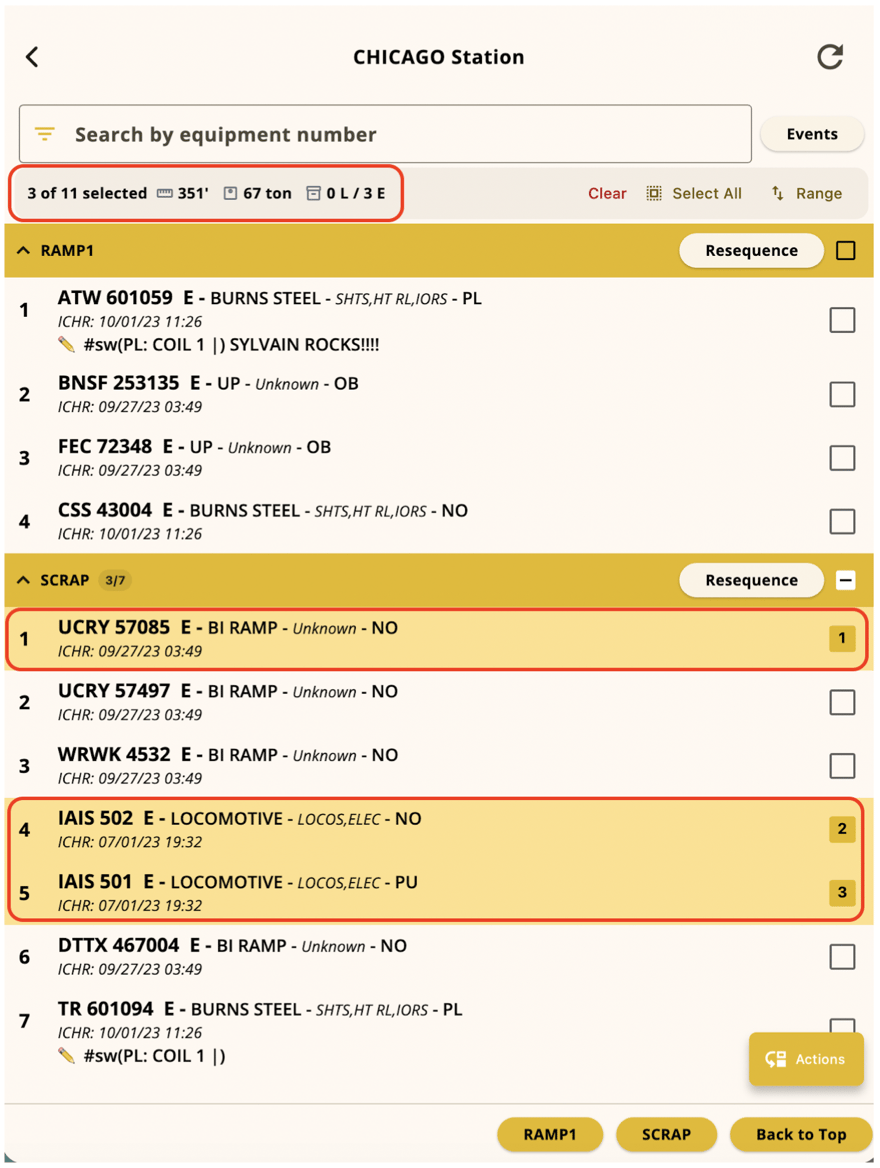 Selected cars highlighted with selection order 1, 2, and 3