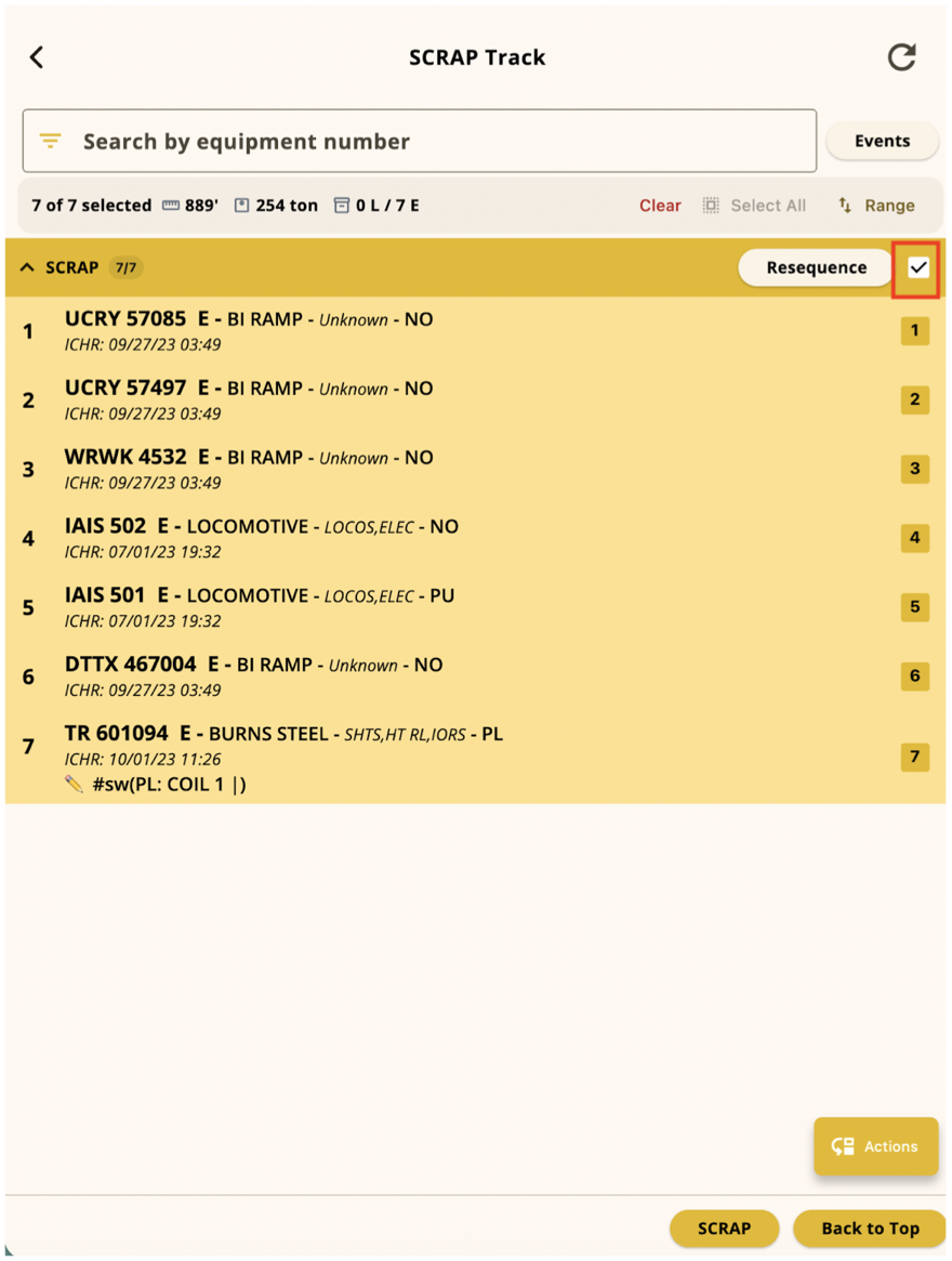 Entire SCRAP track selected from the header checkbox