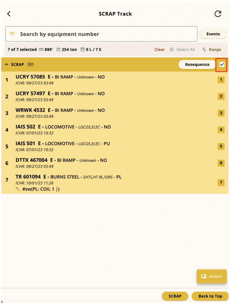 Entire SCRAP track selected from the header checkbox