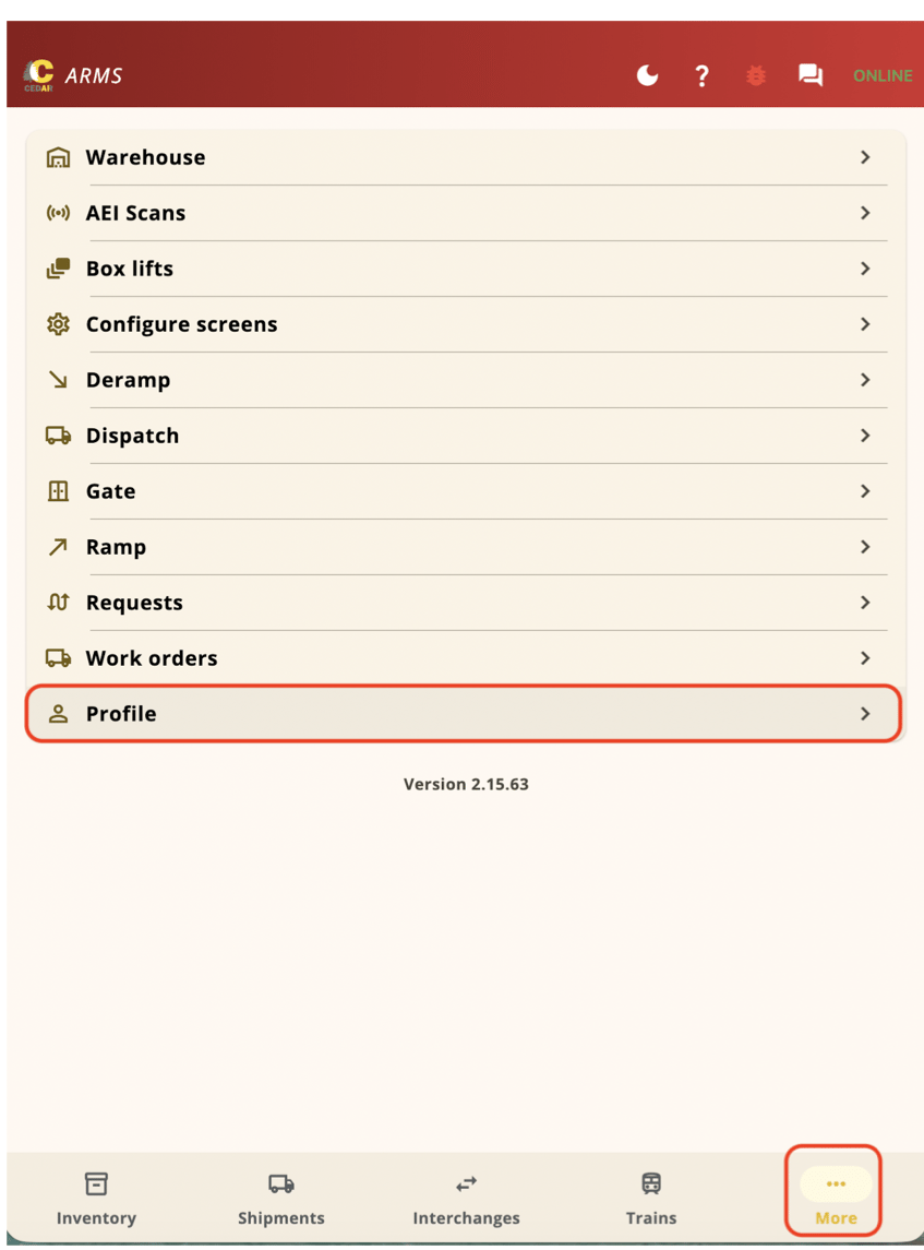 More menu with Profile highlighted