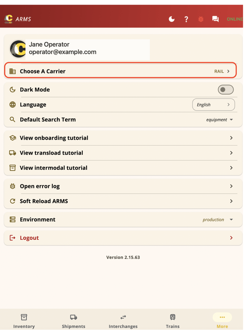 Profile screen with Choose a carrier highlighted