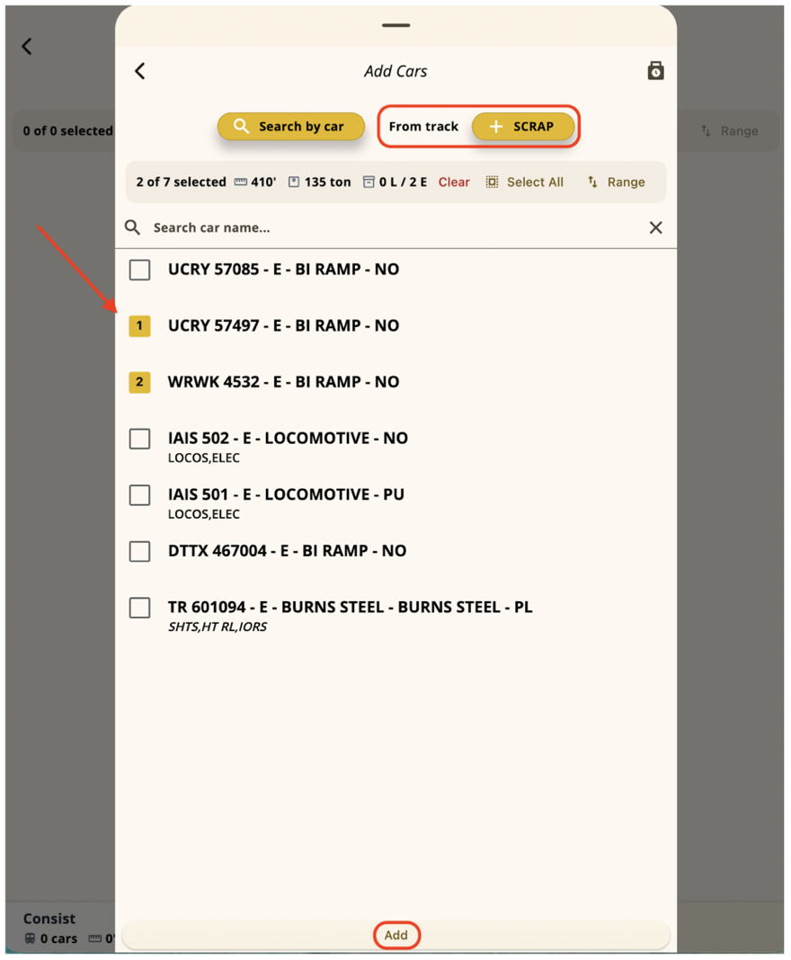 Add Cars sheet with cars selected from a search