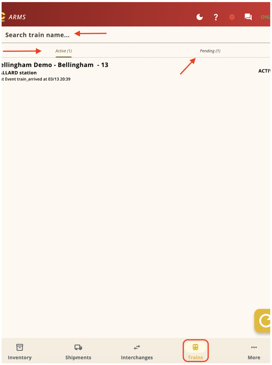 Trains list with search and Active and Pending status tabs