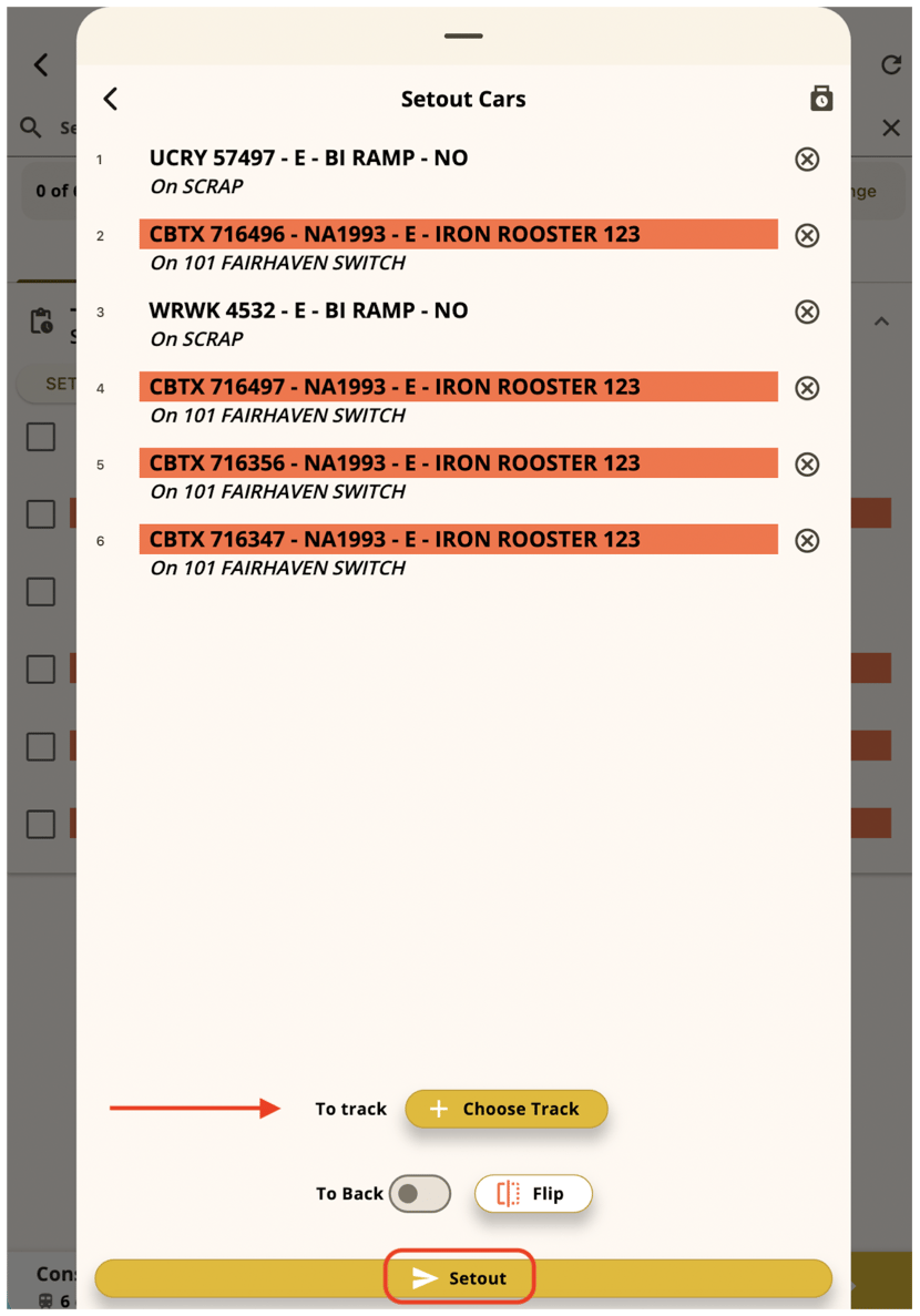 Setout cars sheet with a destination track picker